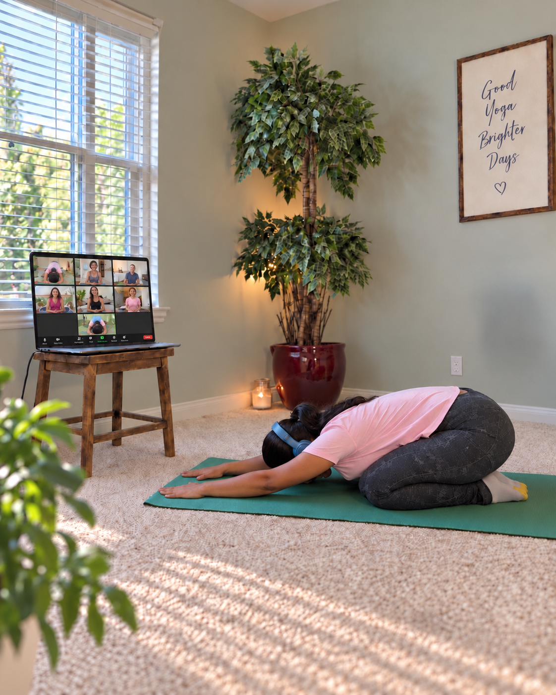 Jhansi leading a live online yoga session from home